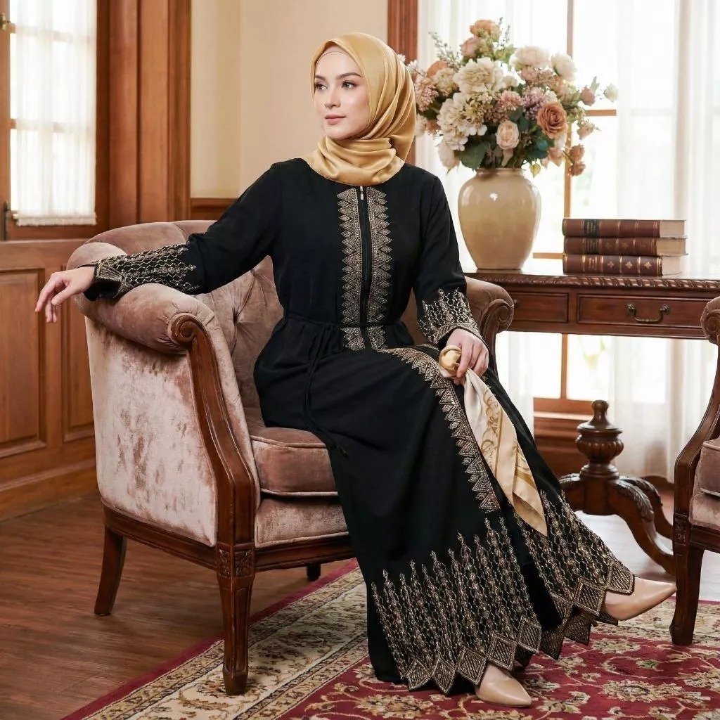 Gamis Abaya Terbaru Wanita Farasya Dress SQ Size M L XL XXL LD 100-112 CM Bahan Jetblack Gamis Hitam