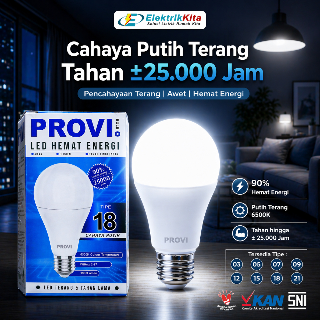 Lampu LED PROVI Bulb A 21 - 03 Putih Terang 6500K Hemat Energi 90% Tahan 25.000 Jam CRI 80 E27