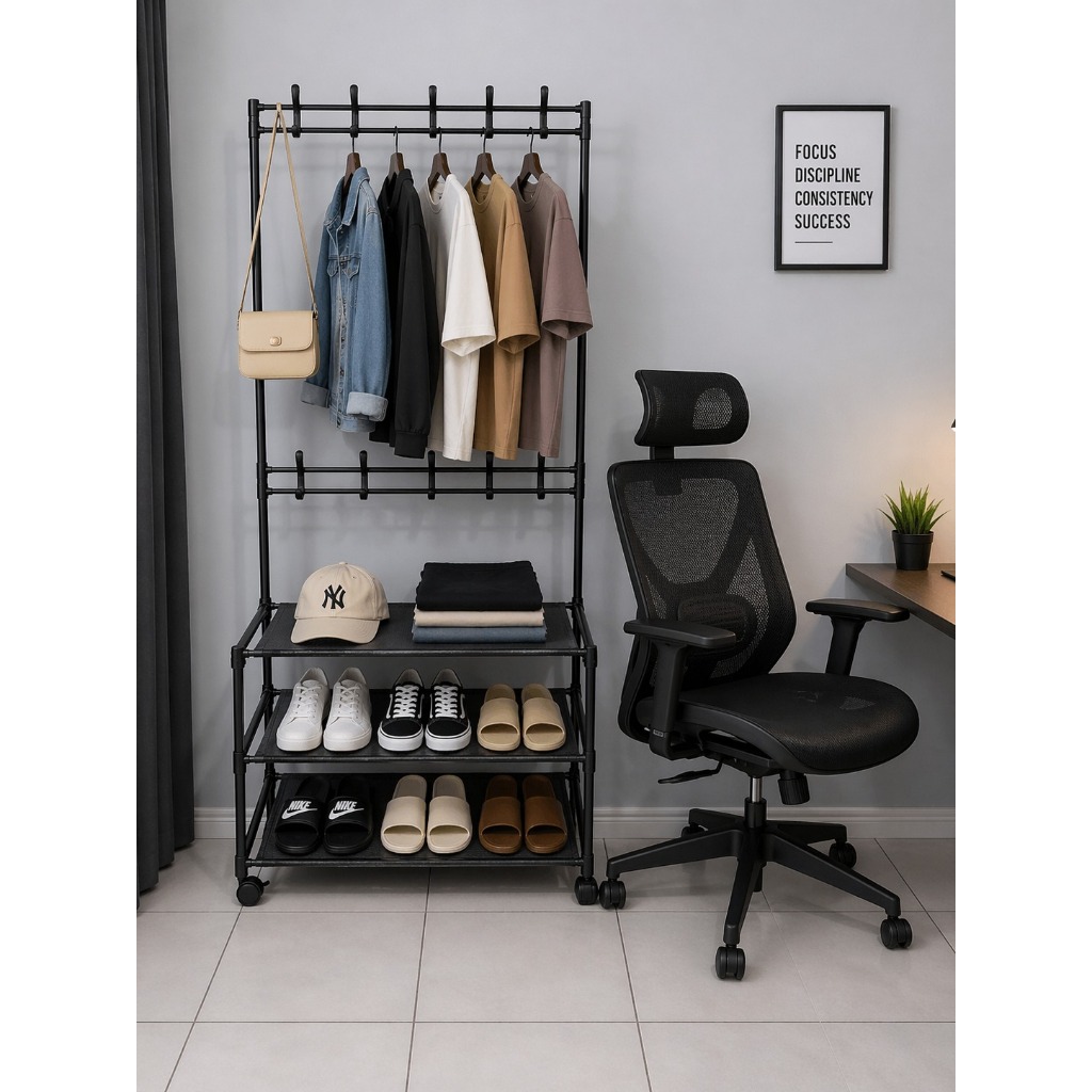 Rak Sepatu Hanger Tas Top Super Kokoh Minimalis Rak Gantungan Baju Beroda Rak Dorong
