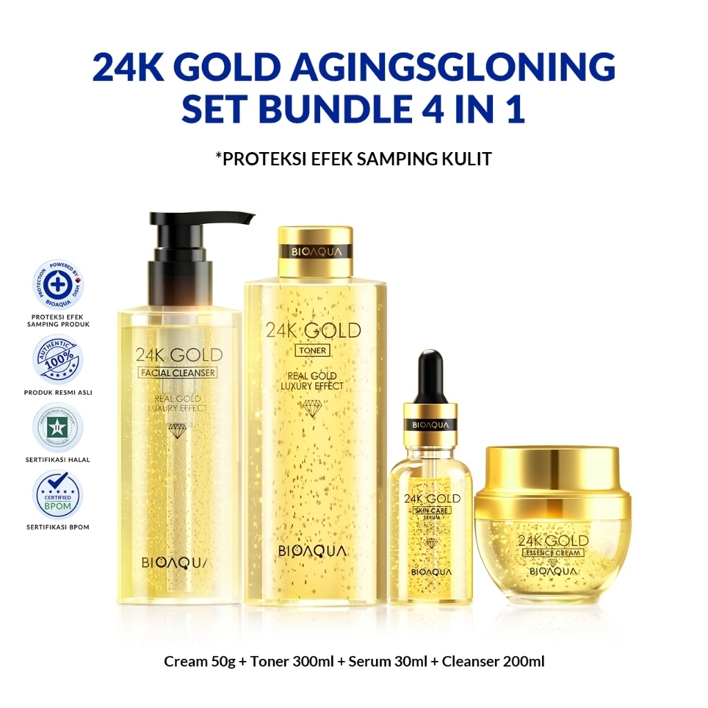 Bioaqua Cosmetics 24K Gold Anti Aging Facial Kit Set Skincare Paketan bpom With Moisturizer Cream / 