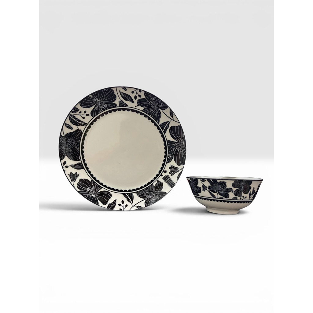 piring mangkok makan keramik hokita lily black motif bunga hitam