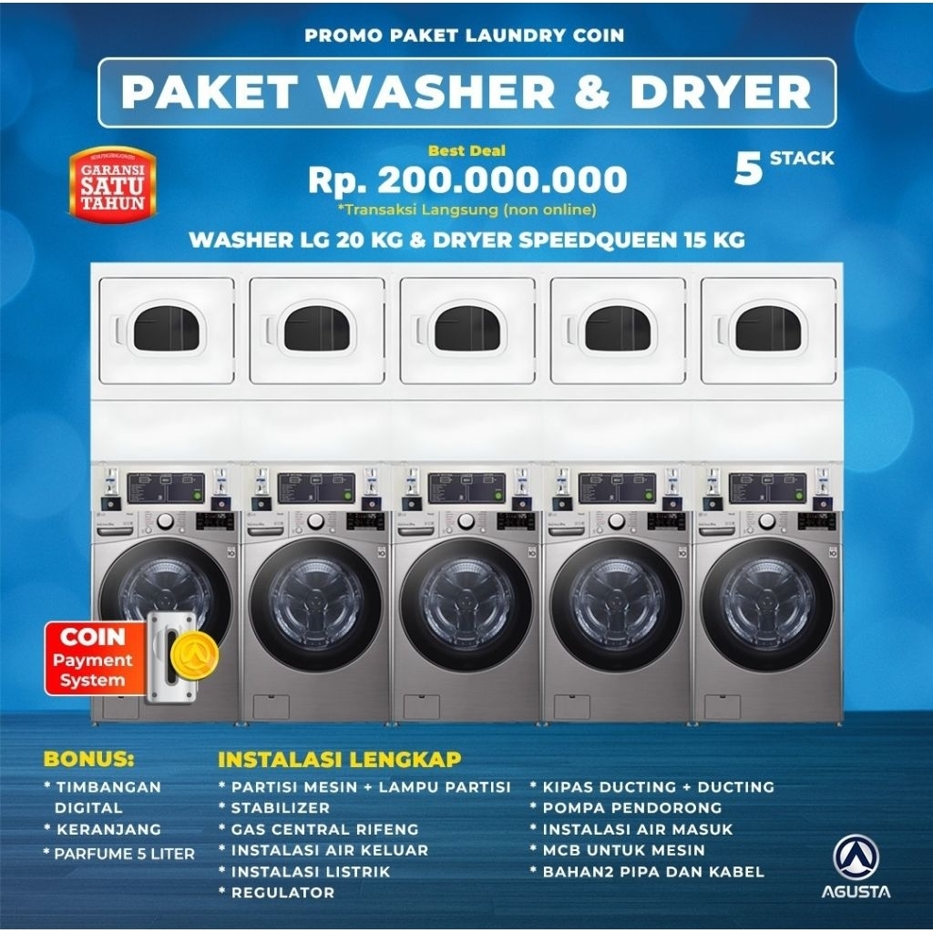 Paket Mesin Laundry Coin 5 Stack Mesin Cuci LG 20 kg & Mesin Pengering Speedqueen 15 kg + Instalasi