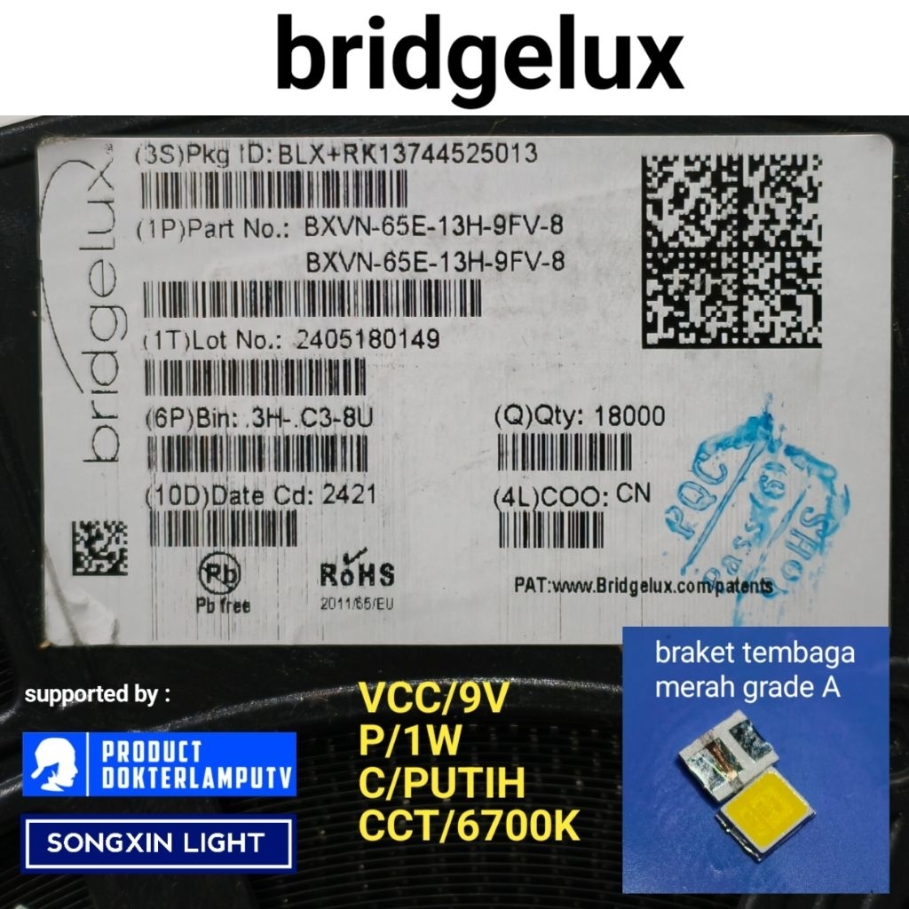 LED SMD Bridgelux 2835 9V 1W Putih 6700K Original High Brightness