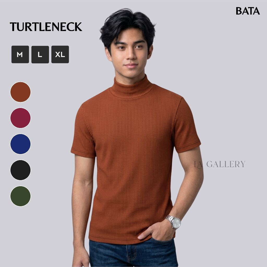 Kaos Turtleneck Pria Lengan Pendek Kerah Tinggi Bahan Rib Garis Tidak Gampang Kusut
