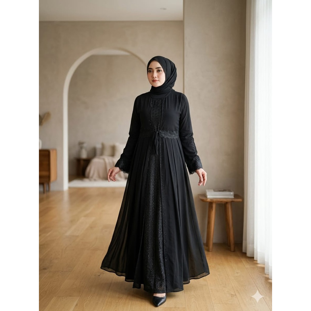 GAMIS ABAYA TURKEY BORDIR REMPEL HITAM SENADA DAN PUTIH ABAYA HITAM SIMPLE TANGAN BORDIR