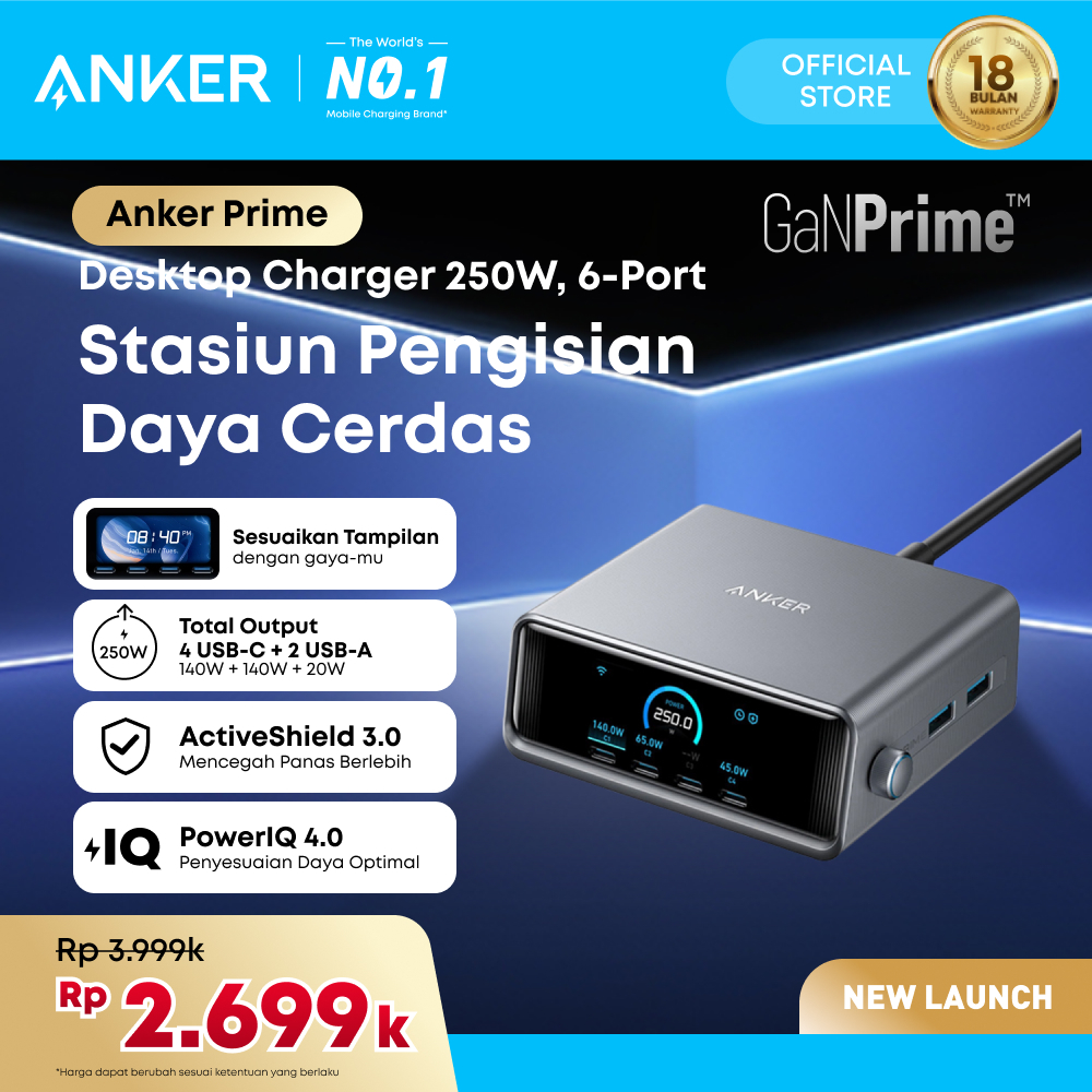 Anker Prime Desktop Charger GaNPrime 6 Port For Macbook Pro, Laptop Fast Charging 250W LCD display s