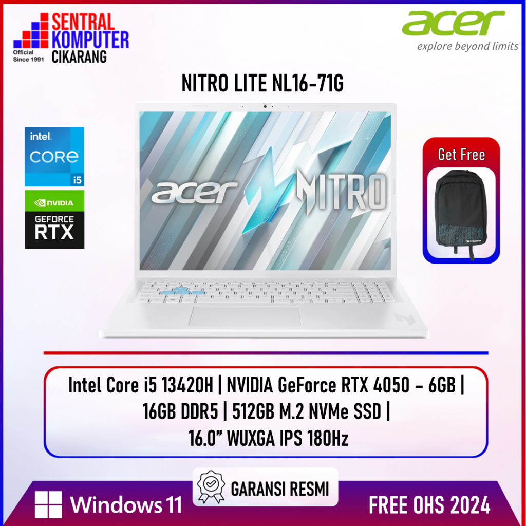 Acer Nitro Lite NL16 71G 55VC Intel i5 13420H 40GB DDR5 512GB SSD RTX4050 WUXGA IPS 180Hz W11+OHS