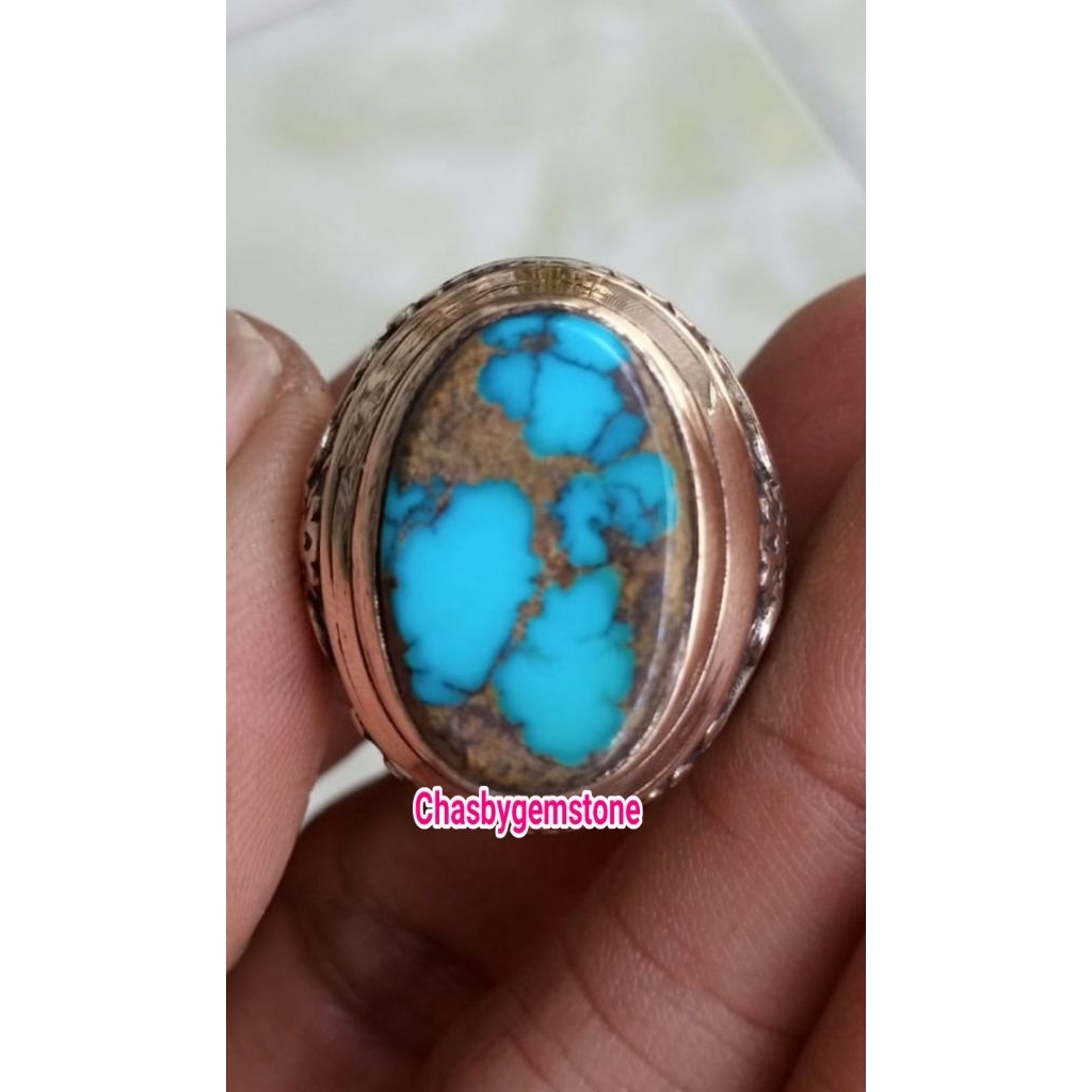 Cincin Pirus Persia biru fancy mosfor-Batu pirus persia serat jala blue fancy Terang siang malam