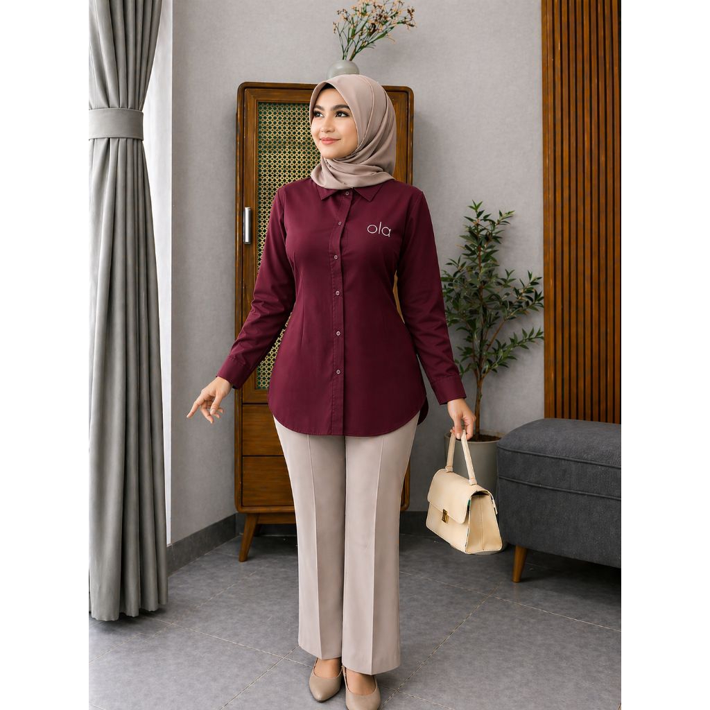 Kemeja Bordir Logo Atasan Wanita Rayon Twill Lengan Panjang Terbaru