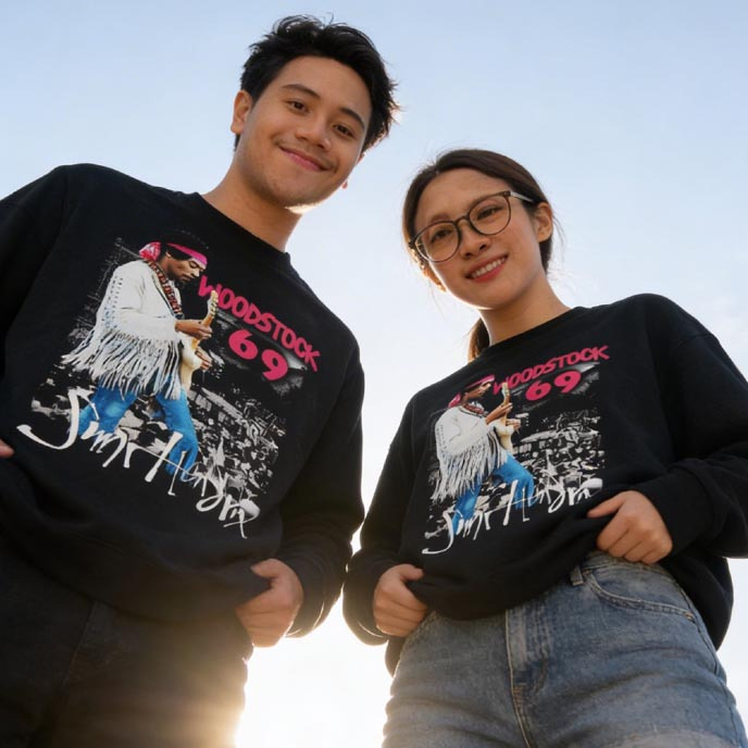 Sweater Jimi Hendrix Woodstock 69 Crewneck Unisex Sweatshirt Bahan Cotton Fleece Adem & Nyaman || SW