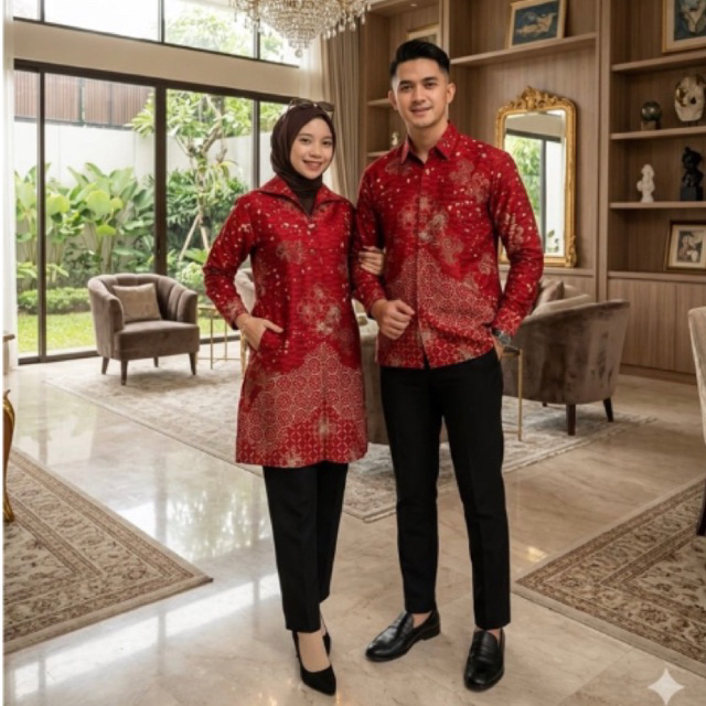 Baju batik couple premium batik tunik / hem cowok full puring trikot