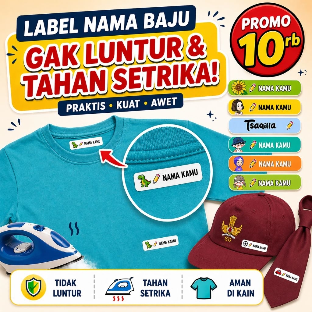 Label Nama Baju Setrika Custom DTF Fullcolor 18Pcs Pilih Desain Karakter Anti Luntur