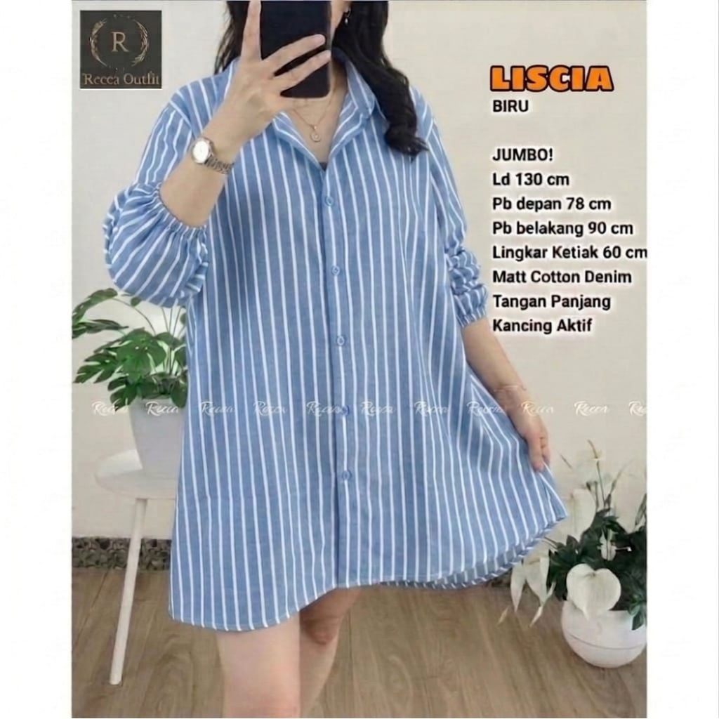 [JUMBO] Tunik Denim Wanita LD 130 Polkadot & Salur Terbaru / Atasan Wanita Big Size Katun Denim Prem