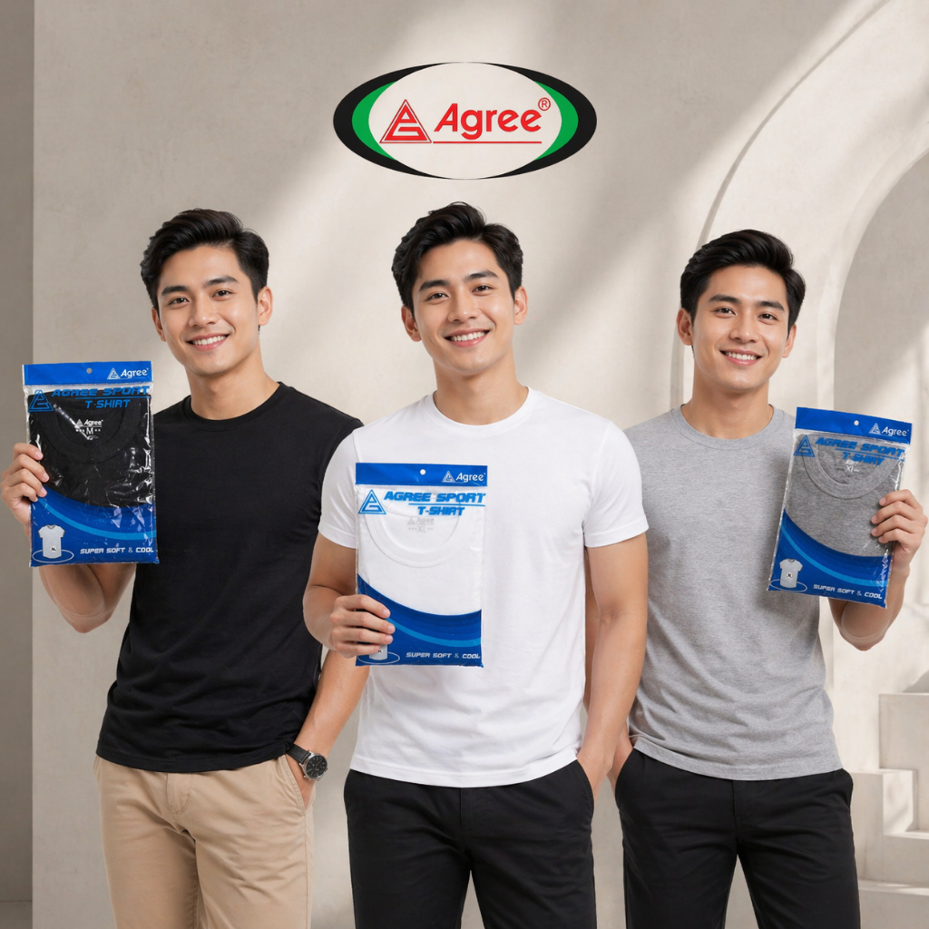 ( 3 Pcs Dan 6 Pcs ) Kaos Oblong Agree SA006 Putih Abu Hitam | Agree Sport Pakaian Dalam Pria Kerah O