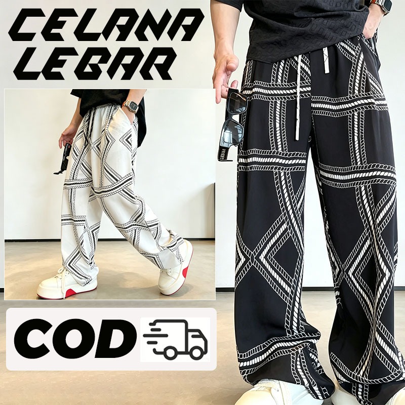 Celana panjang pria  Celana santai pria Celana lebar Streetwear pria Tidak panas Ootd pria Hitam put