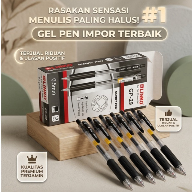 GROSIR LINKO GP-29 Pulpen Gel 0.5mm Pena Hitam Smart Pen Anti Macet Isi 12 pcs Terlaris Pena Impor K