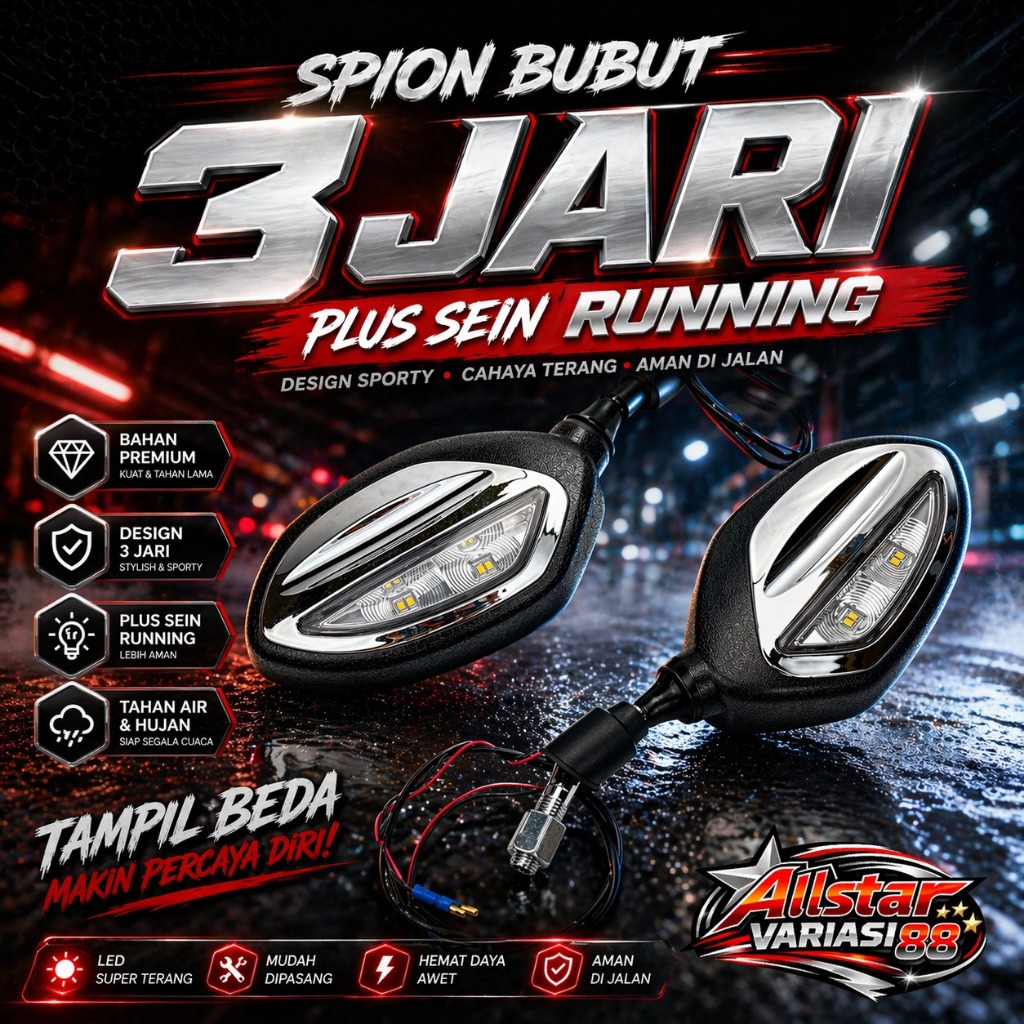 Spion Lampu LED Bubut 3 Jari Tangkai Pendek Universal Motor | Sein Spion Variasi Racing Keren