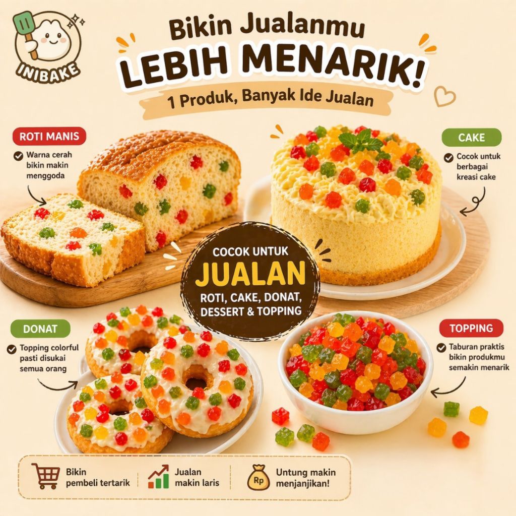 Sukade 4 Warna | Topping Roti Donat Cake | Manisan Buah Bahan Kue untuk Jualan