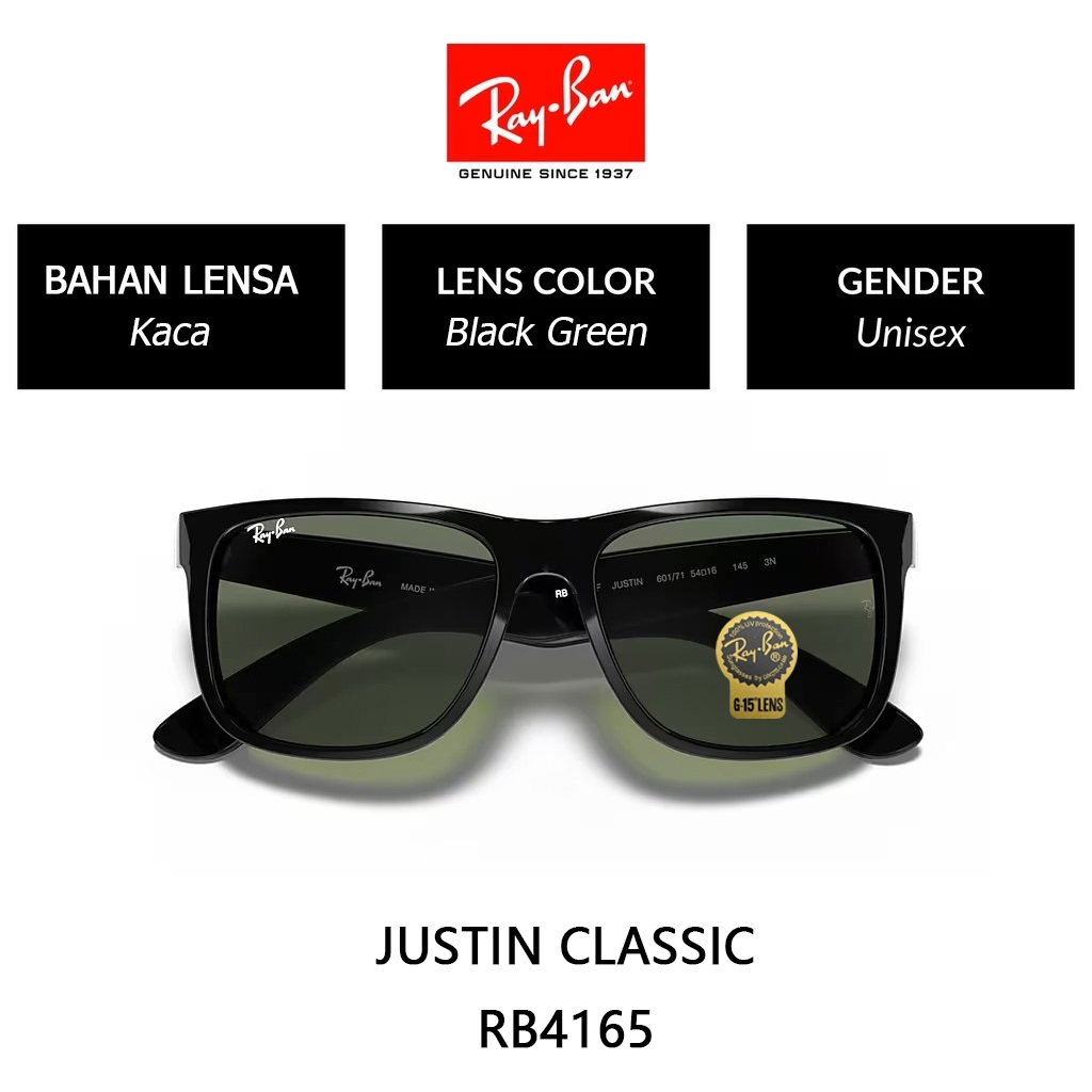Kacamata Hitam RAY-BAN Justin RB4165 pria wanita Black Green Original 100% lensa kaca UV Sunglasses