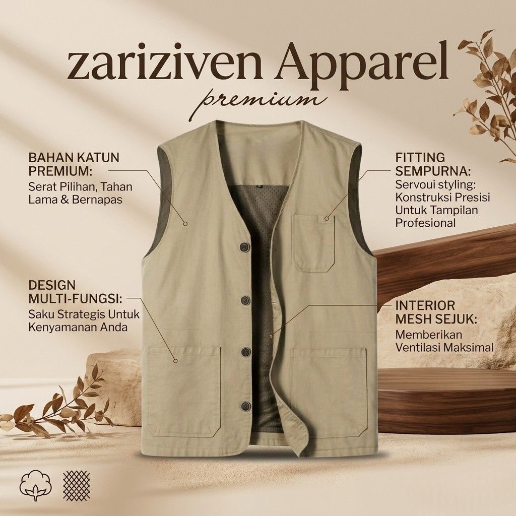 Rompi Kanvas Pria Jumbo [MUAT BB 125KG] Vest Tactical Big Size 7XL V-Neck Outdoor Banyak Saku - Zari