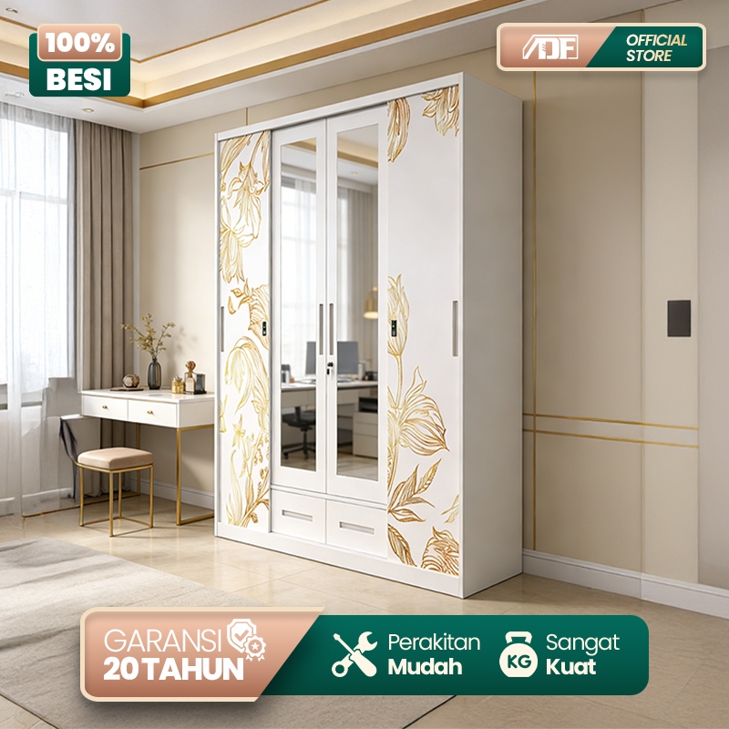 Lemari Pakaian Besi 3 / 4 Pintu Sliding Lemari Besi Pakaian Gantungan + Laci 120 dan 160cm Minimalis
