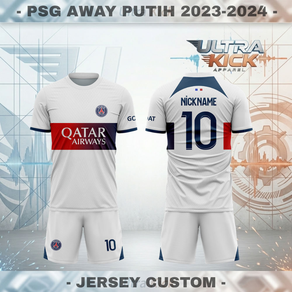 Jersey Sepak Bola PSG Away Putih 2023-2024 Pendek Full Printing, Free Custom Nama & Nomor