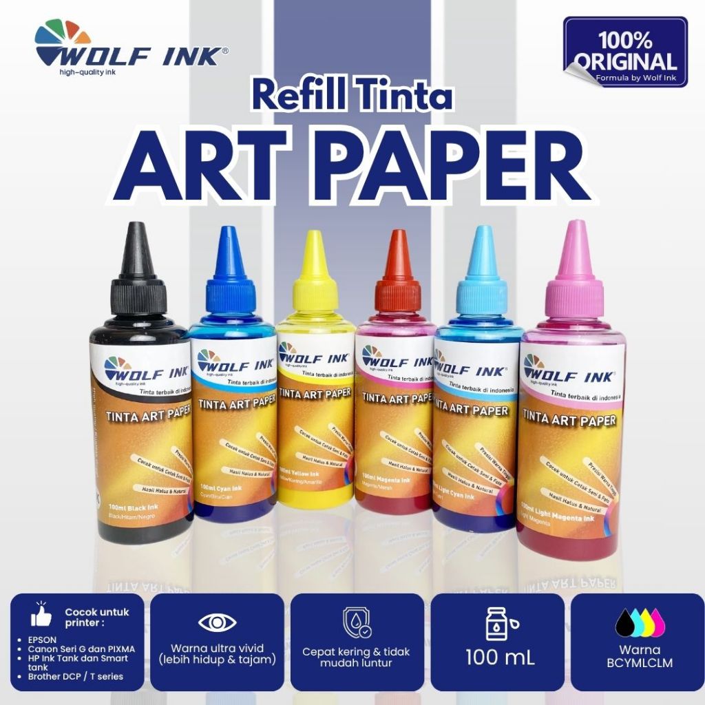 WOLF INK 1 Set 6 Warna Tinta Art Paper Original Photo Ink Glossy Kompatibel Printer Epson Canon