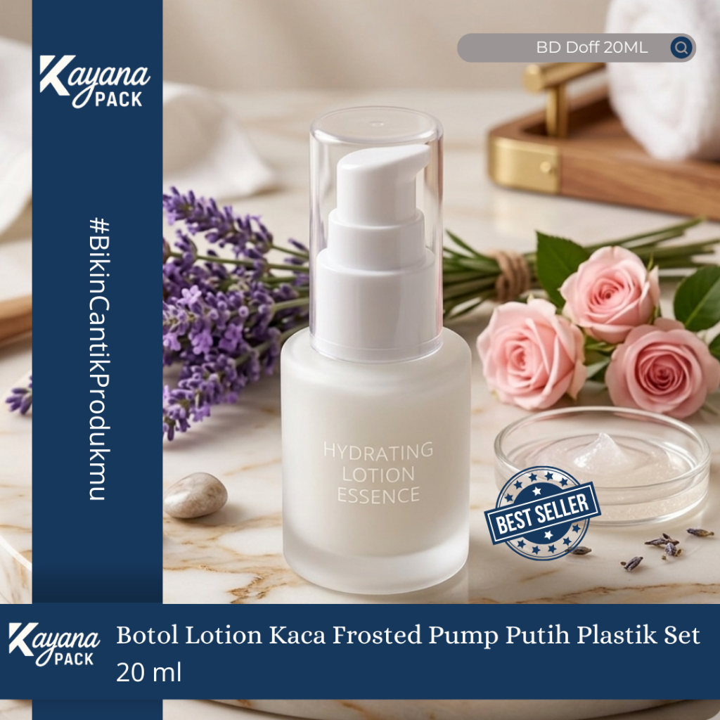 BOTOL FOUNDATION KACA FROSTED DOFF 20ML PUMP PUTIH SET / BOTOL LOTION KACA DOFF 20 ML PUMP PUTIH SET