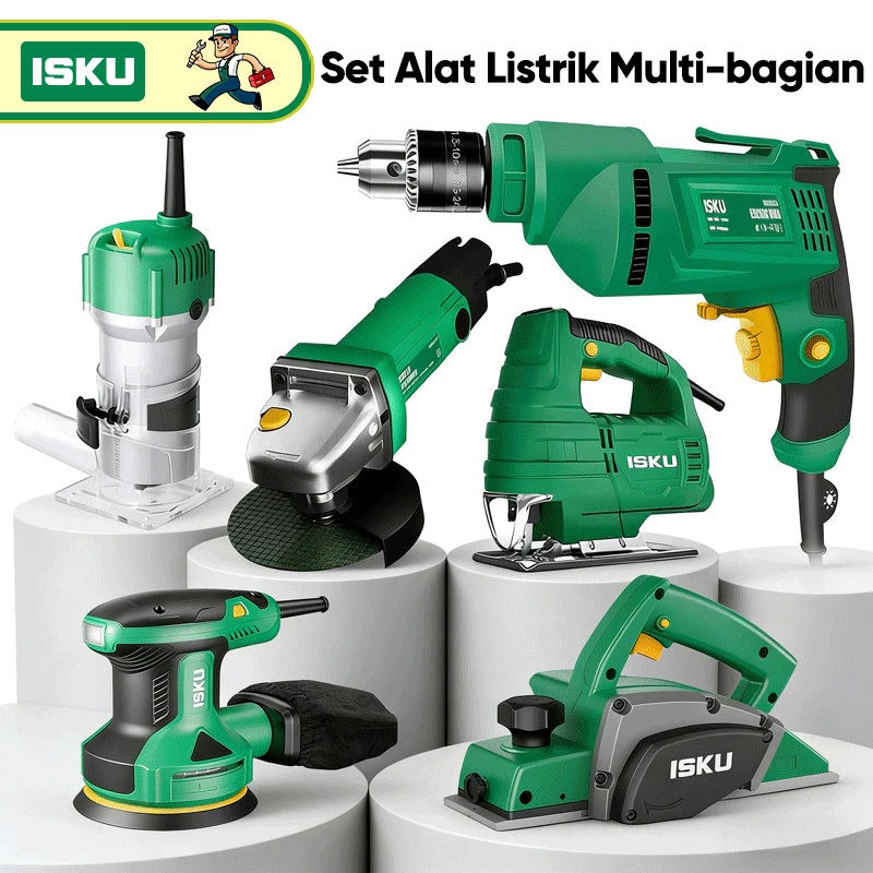ISKU Set Mesin Listrik Serbaguna: Bor, Jigsaw, Gerinda, Circular Saw, Planer, Router & Blower – Tool