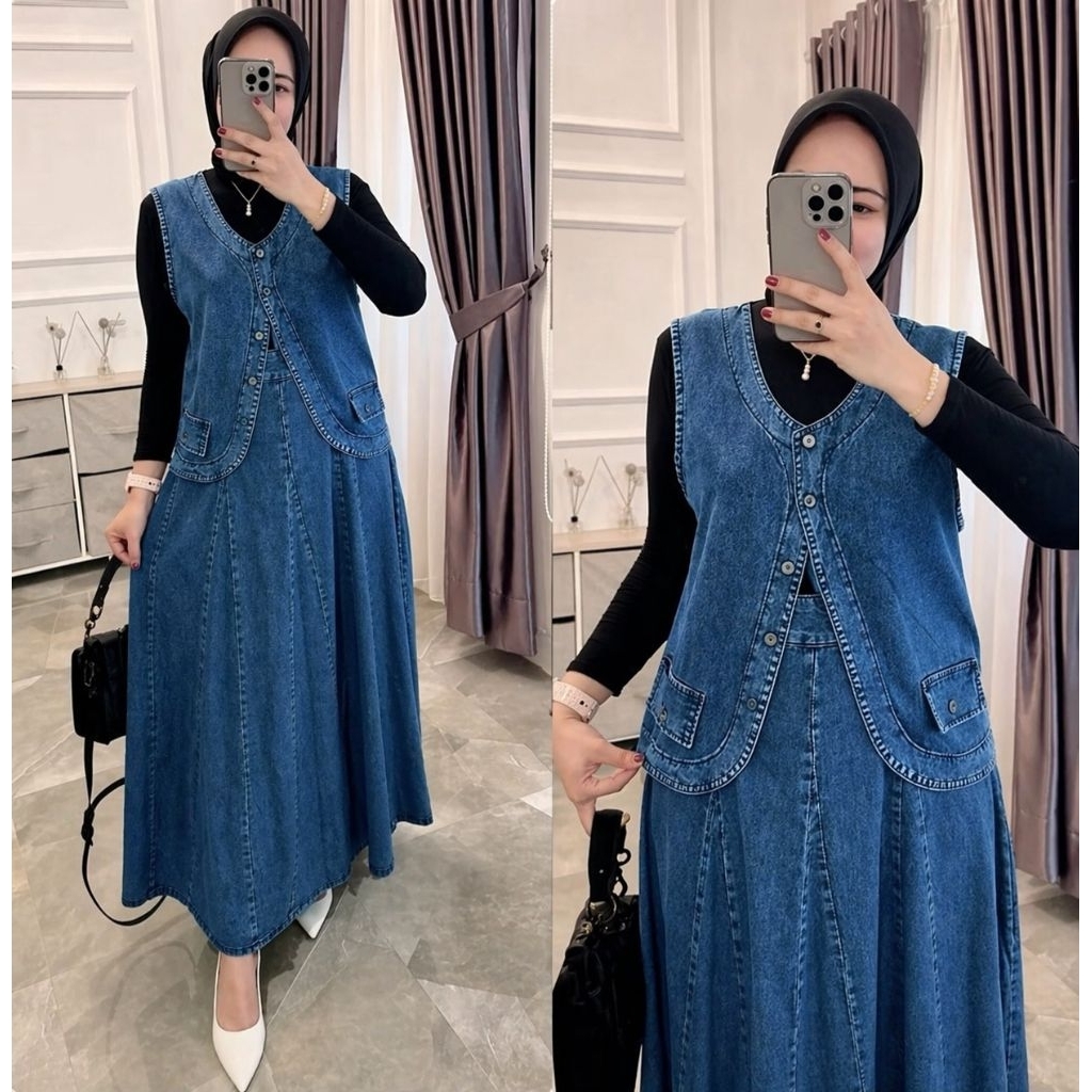 Terbaru Vest Set Jeans Pakaian Wanita Muslimah Elegan Minimalis // Setelan Rok + Vest Jeans Kancing 
