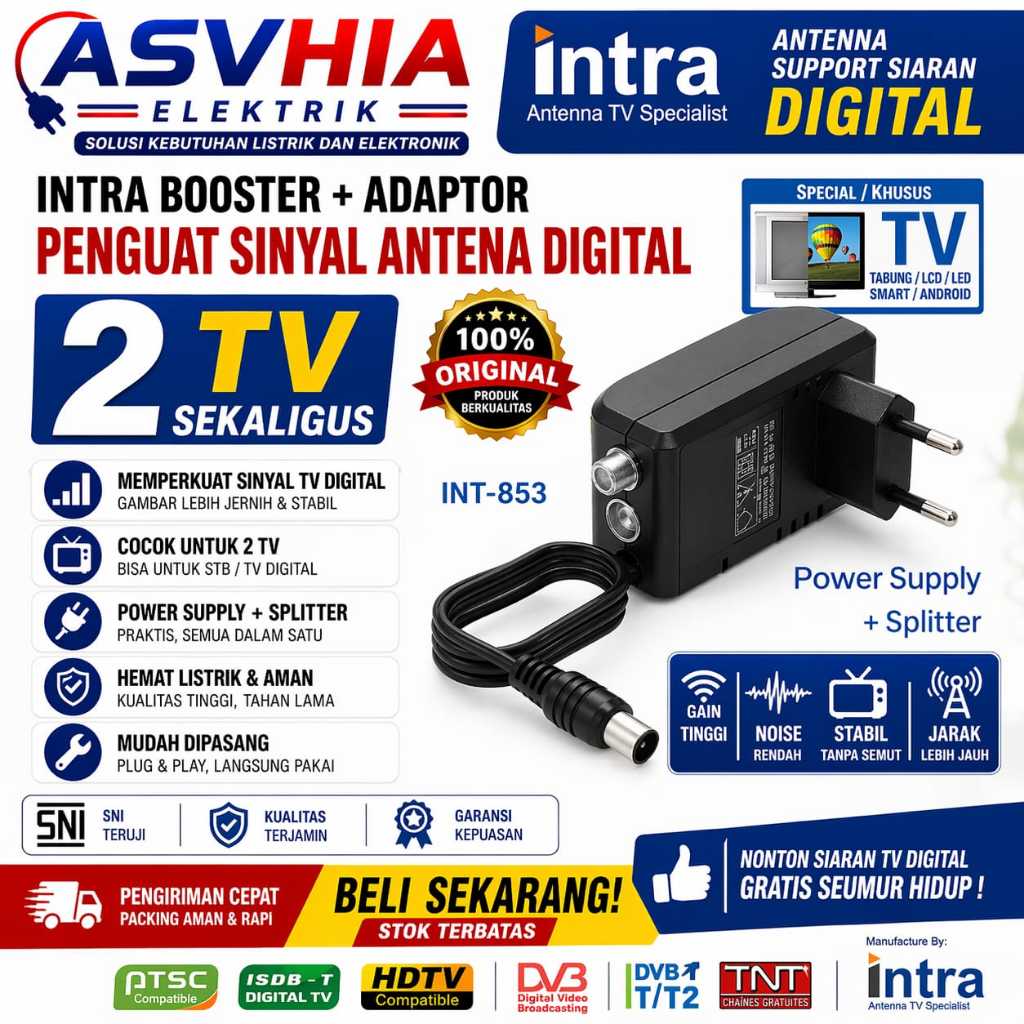 INTRA INT-853 Booster Antena Penjernih TV Splitter untuk 2 TV power supply Antena TV Digital + Boost