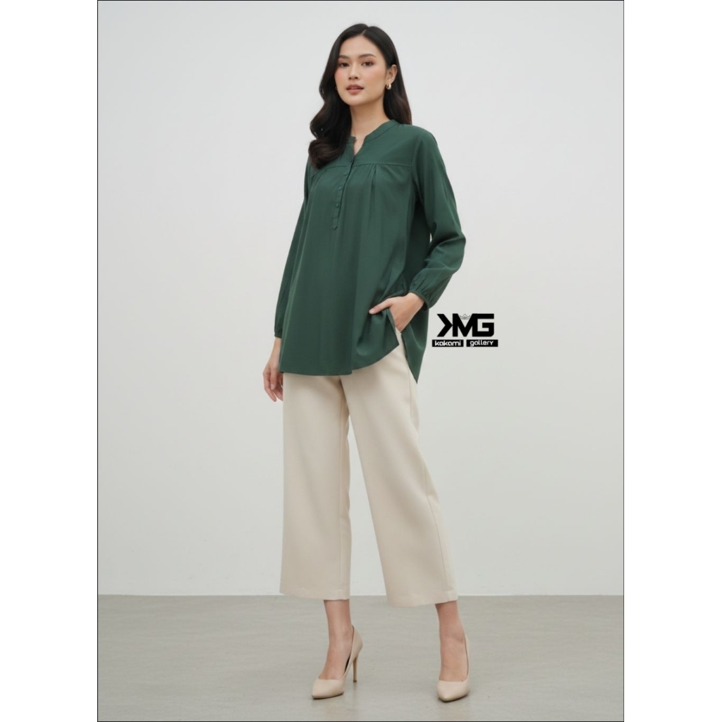Kakami Gallery Atasan Blouse Katun Viscose Hijau Botol Polos Busui Wudhu Freindly