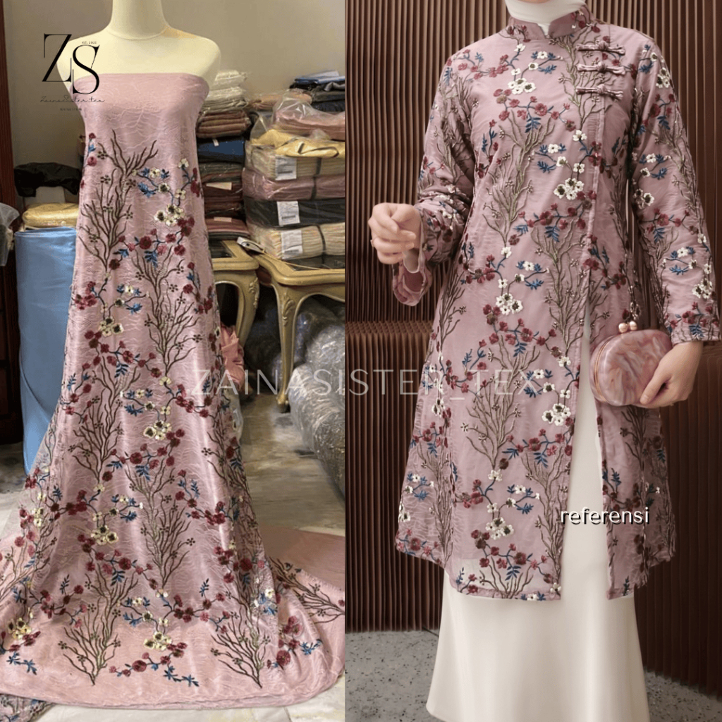 Bahan Kain Kebaya Mewah Brokat Brukat CHANTILY LACE BORDIR Motif Bunga Garden Floral Warna Rosegold 