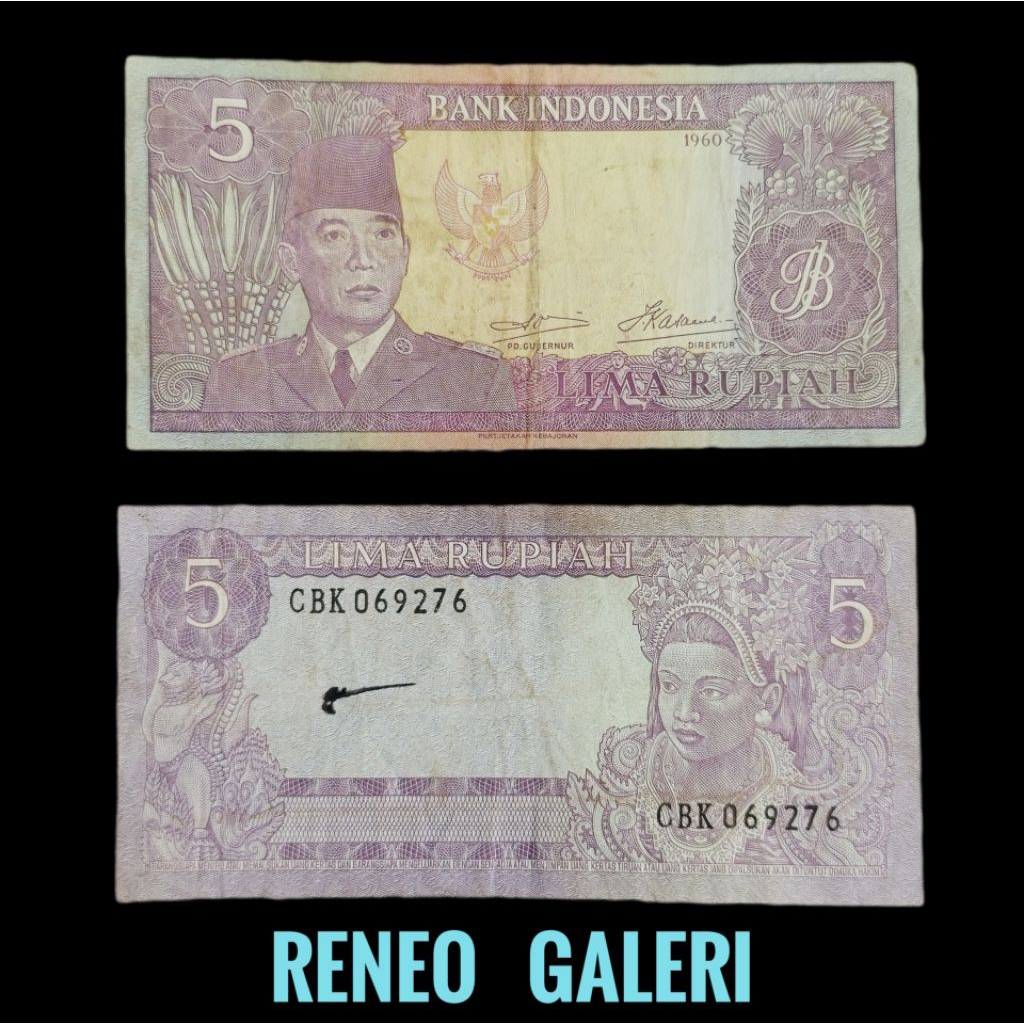 VF Rp 5 Rupiah Seri Sukarno Tahun 1960 Uang kertas kuno Indonesia Presiden Soekarno duit lama asli o
