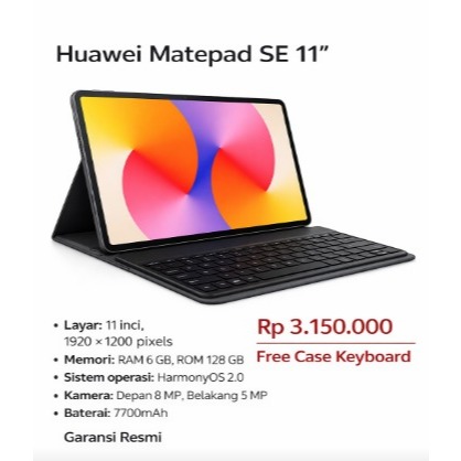 HUAWEI MatePad SE 11" - Wifi - ROM 128 GB - RAM 6 GB - WARNA NEBULA GREY - INCLUDE CASE KEYBOARD
