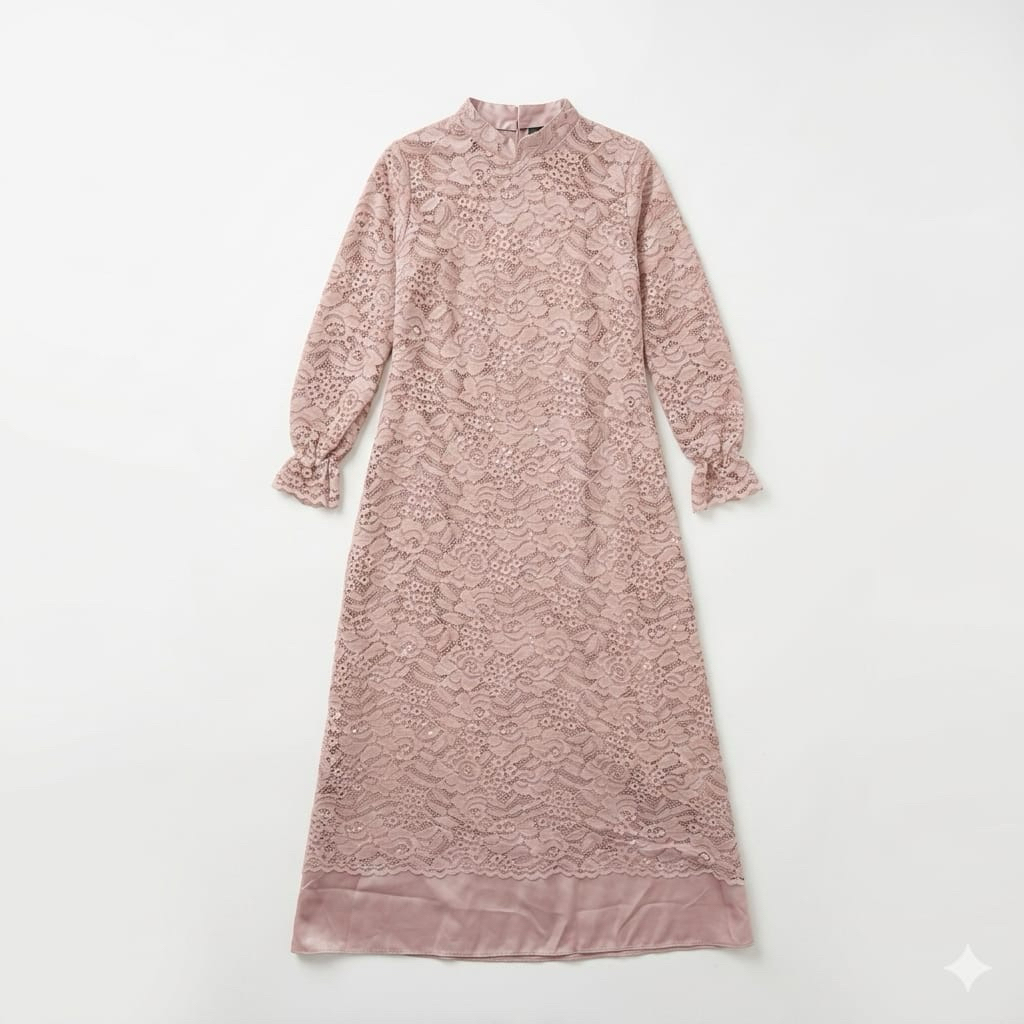 dress gamis brukat dress pesta dusty pink preloved