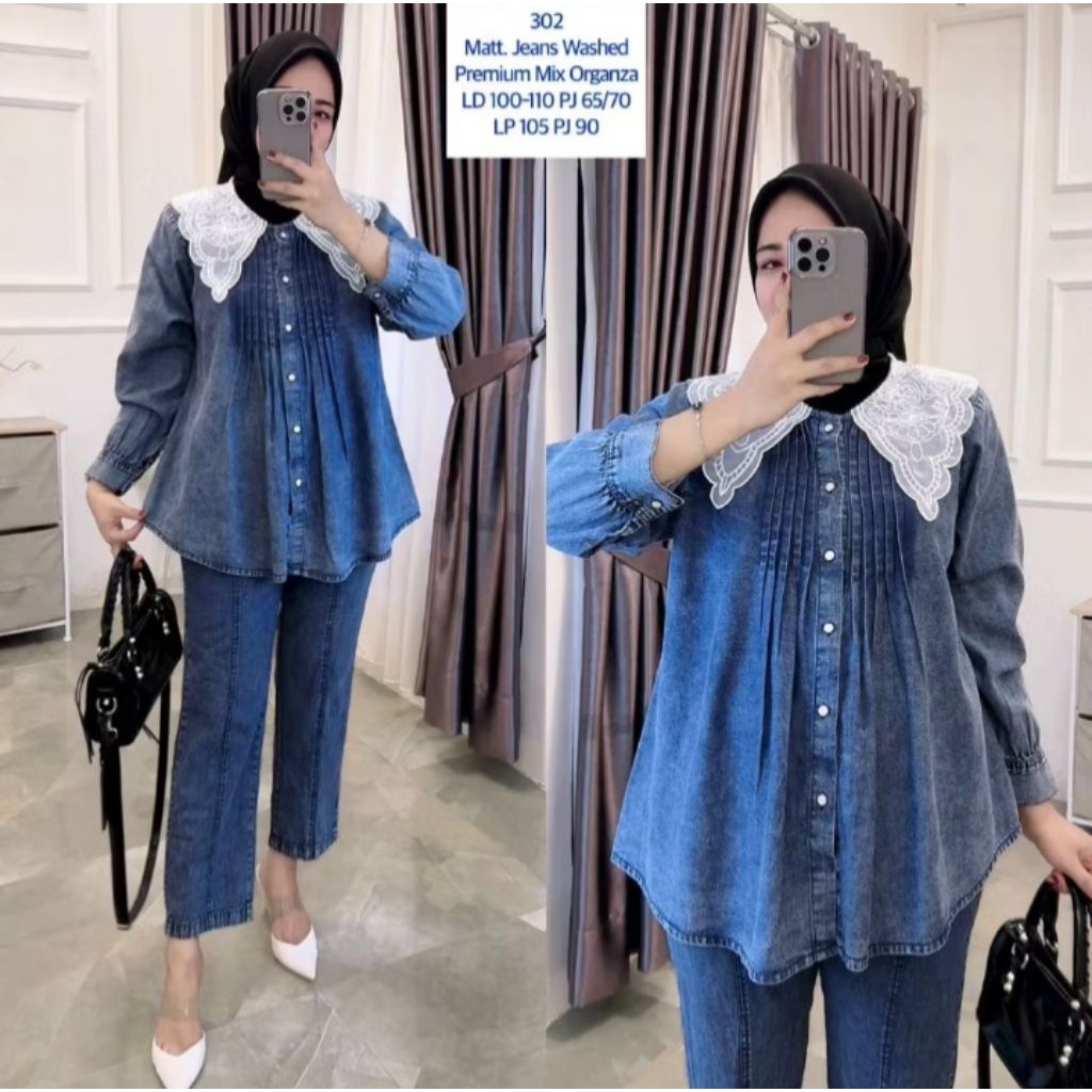 Setelan celana kulot bahan jeans wash mix bordir dan kerah organza