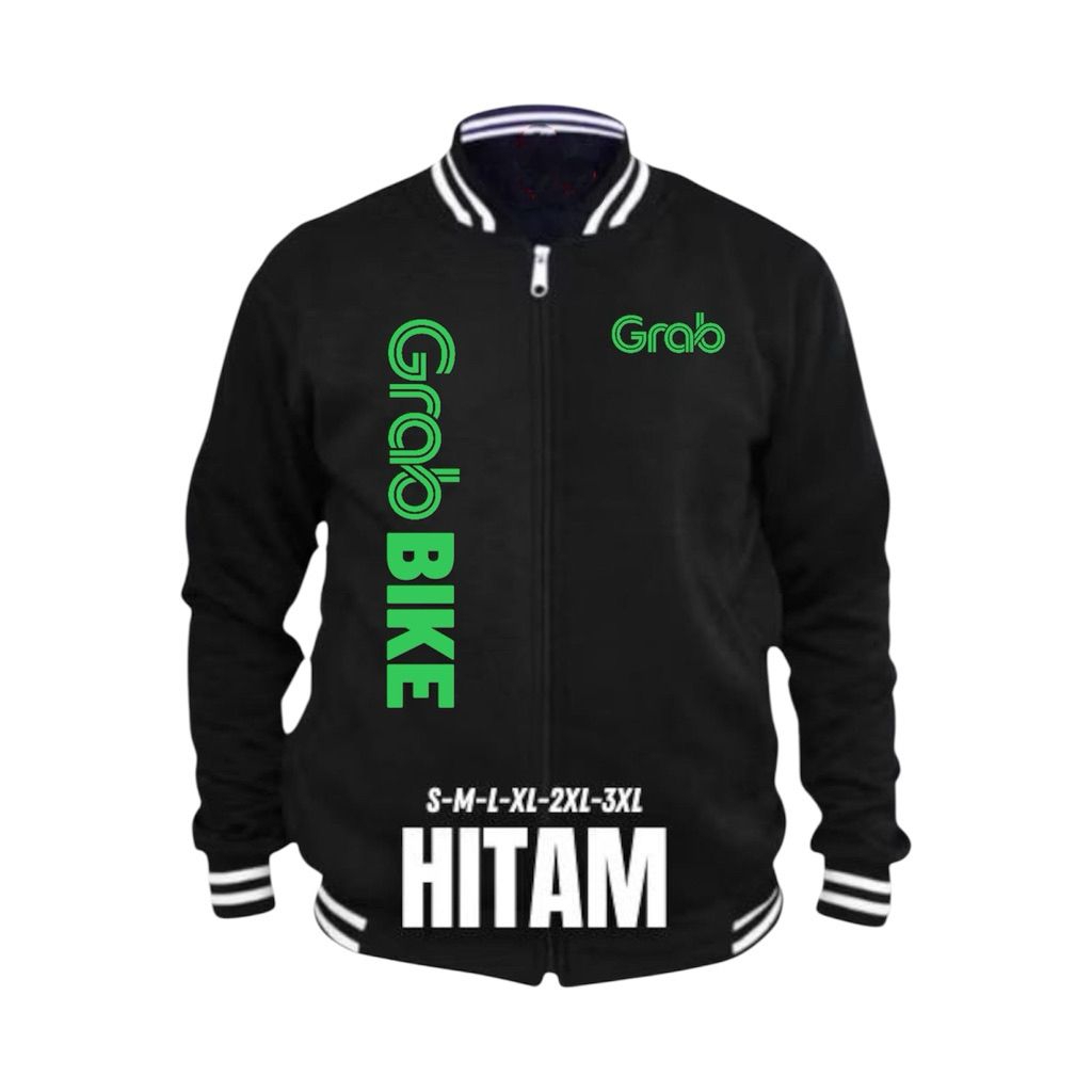 JAKET BASEBALL GRAB / JAKET GRAB FOOD / JAKET GRAB BIKE / FREE NAMA BAHAN FLEECE PREMIUM READY SIZE 