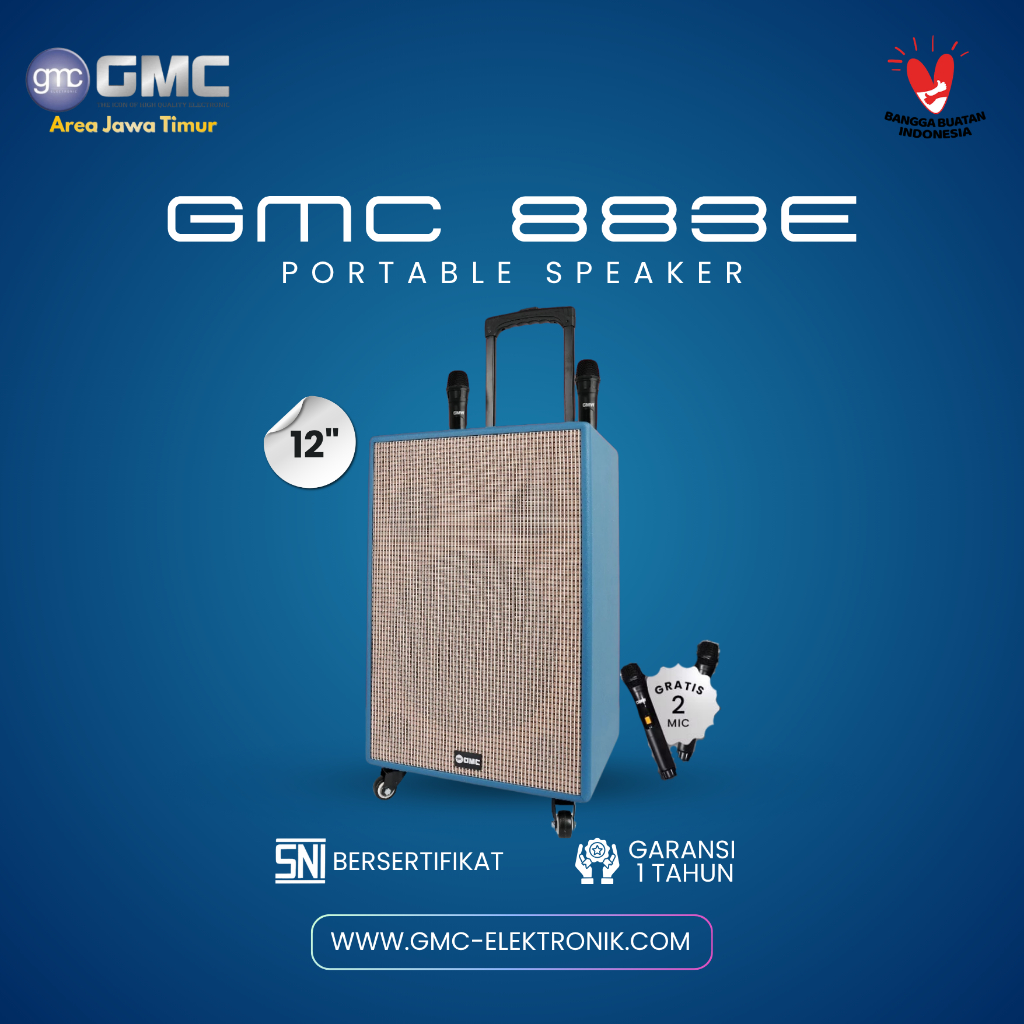 GMC Speaker 883E – Bluetooth Karaoke Speaker 12" – 200W, USB, SD, AV In,Radio, Gratis 2 Wireless Mic