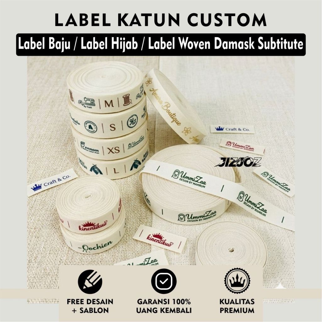 Label Piterban Katun Halus 3cm - Lembut, Tidak Mudah Luntur, Gratis Desain