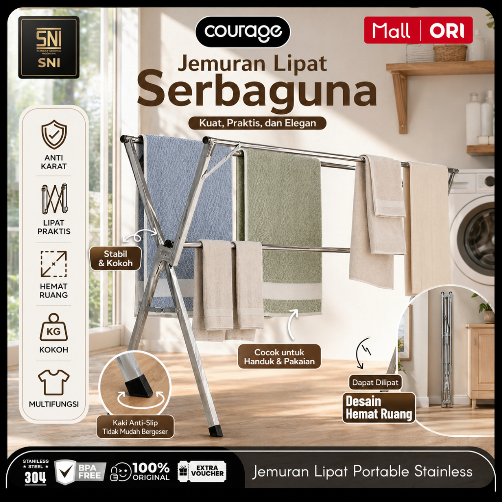 COURAGE Jemuran Portable Lipat Tarik Up 240cm Stainless Steel Hanger Pakaian Set Gantungan