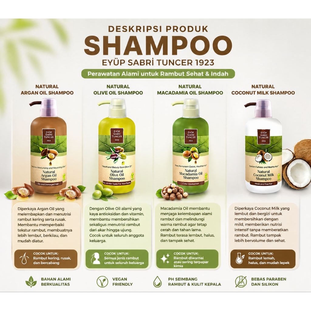 Shampoo Natural Turki Eyup Sabri Tuncer – Argan Oil, Olive Oil, Macadamia, Coconut Milk untuk Semua 