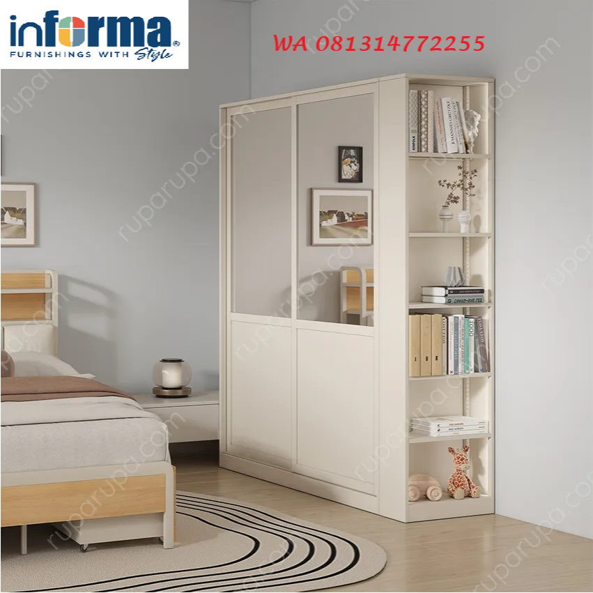 Informa Lena Lemari Pakaian 2 Pintu Krem 170x50x200 Cm Dengan Kaca Besar Shelving Adjustable Dan LED
