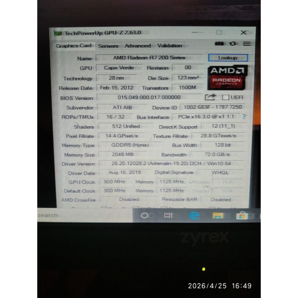 VGA card AMD Radeon R7 200/250 series 2gb DDR5 128 bit
