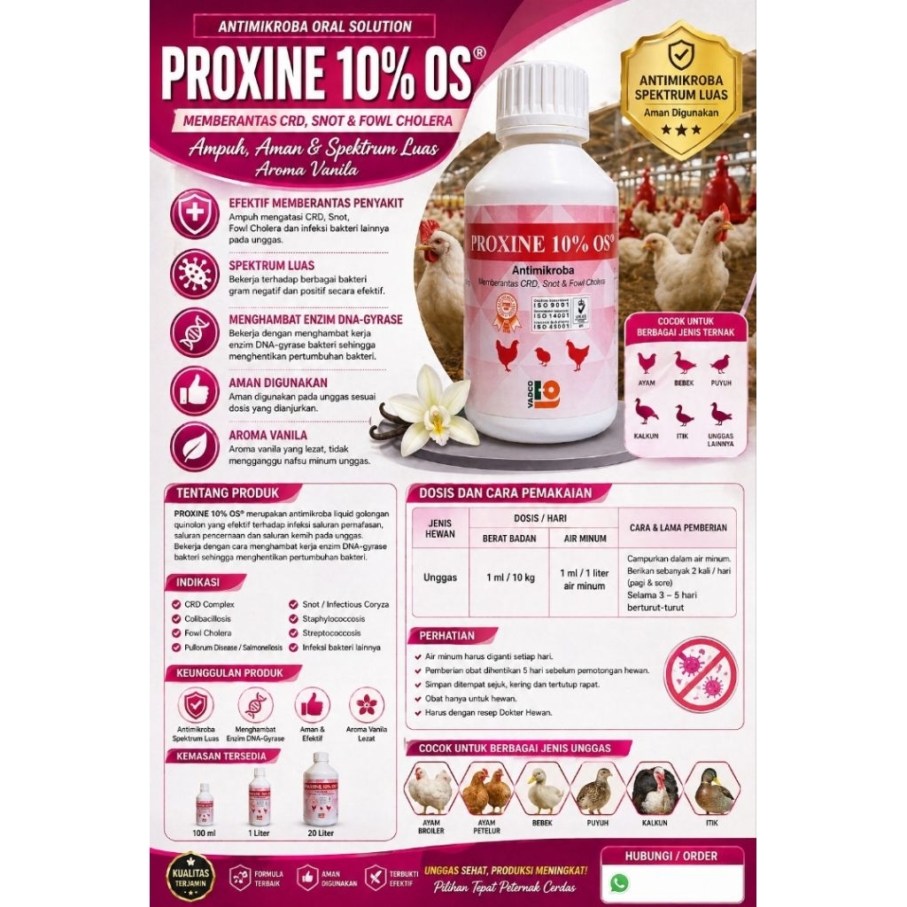 Proxine 10% OS 100 ml – Antibiotik Ayam & Unggas (Enrofloxacin) Obat CRD, Snot, Kolera