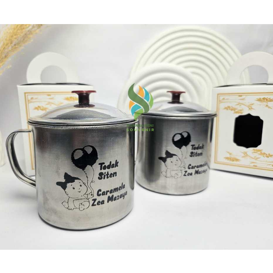 Souvenir Gelas Enamel Stainless Tutup Cangkir Minum 9cm Mug Anti Pecah Tumbler Sablon Kemas Box