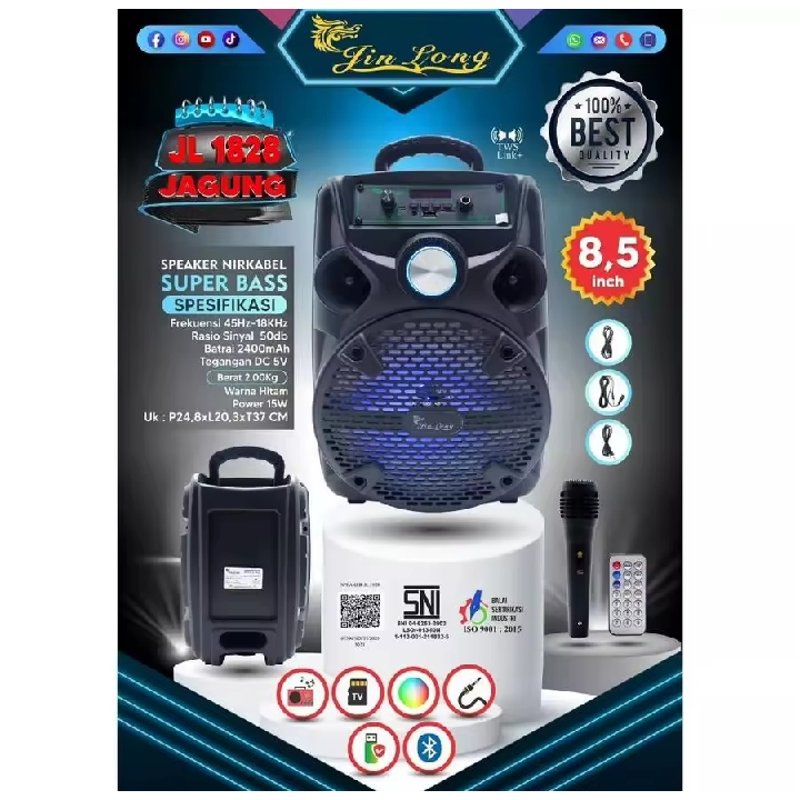 SINAR MAKMUR Speaker Bluetooth JINLONG JL 1828 JAGUNG LED 8'5 INCH Free Mic Kabel Karaoke + Remote -