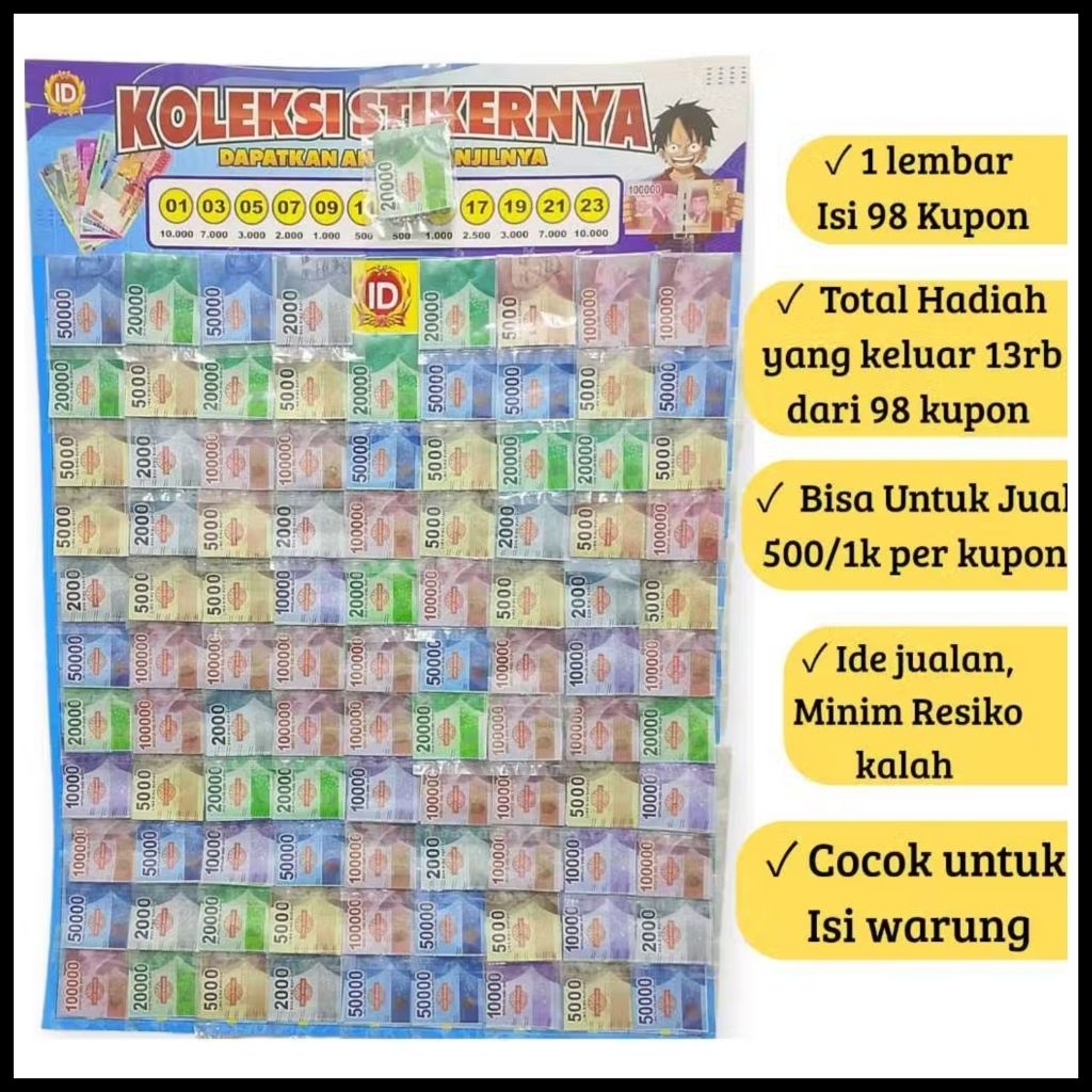 COD PAKET USAHA WARUNG Mainan ANAK CABUTAN BERHADIAH UANG MAINAN 1 LEMBAR isi 100 KUPON