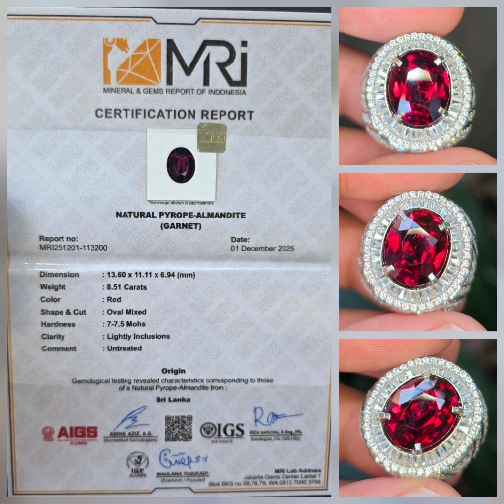 Batu Natural HQ Red Garnet Ceylon Sri Lanka Sertifikat 8.51 crt