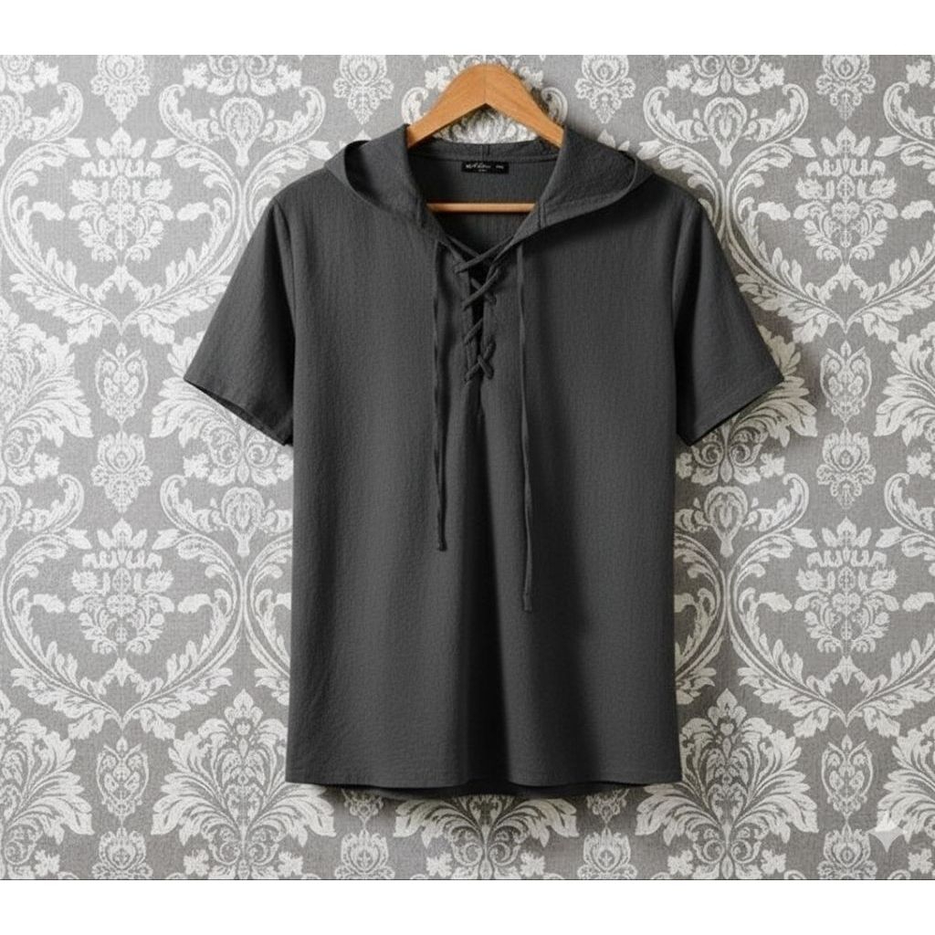 BSS kemeja Hoodie dewasa linen rami santai tali serut di dada